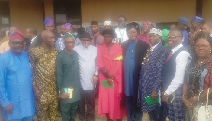 Professor Monsuru Adebayo Adeleke, flanked by the Vice Chancellor of Osun State University (UNIOSUN), Professor Odunayo Clement Adebooye and other guests after delivering inaugural lecture series 20 at
