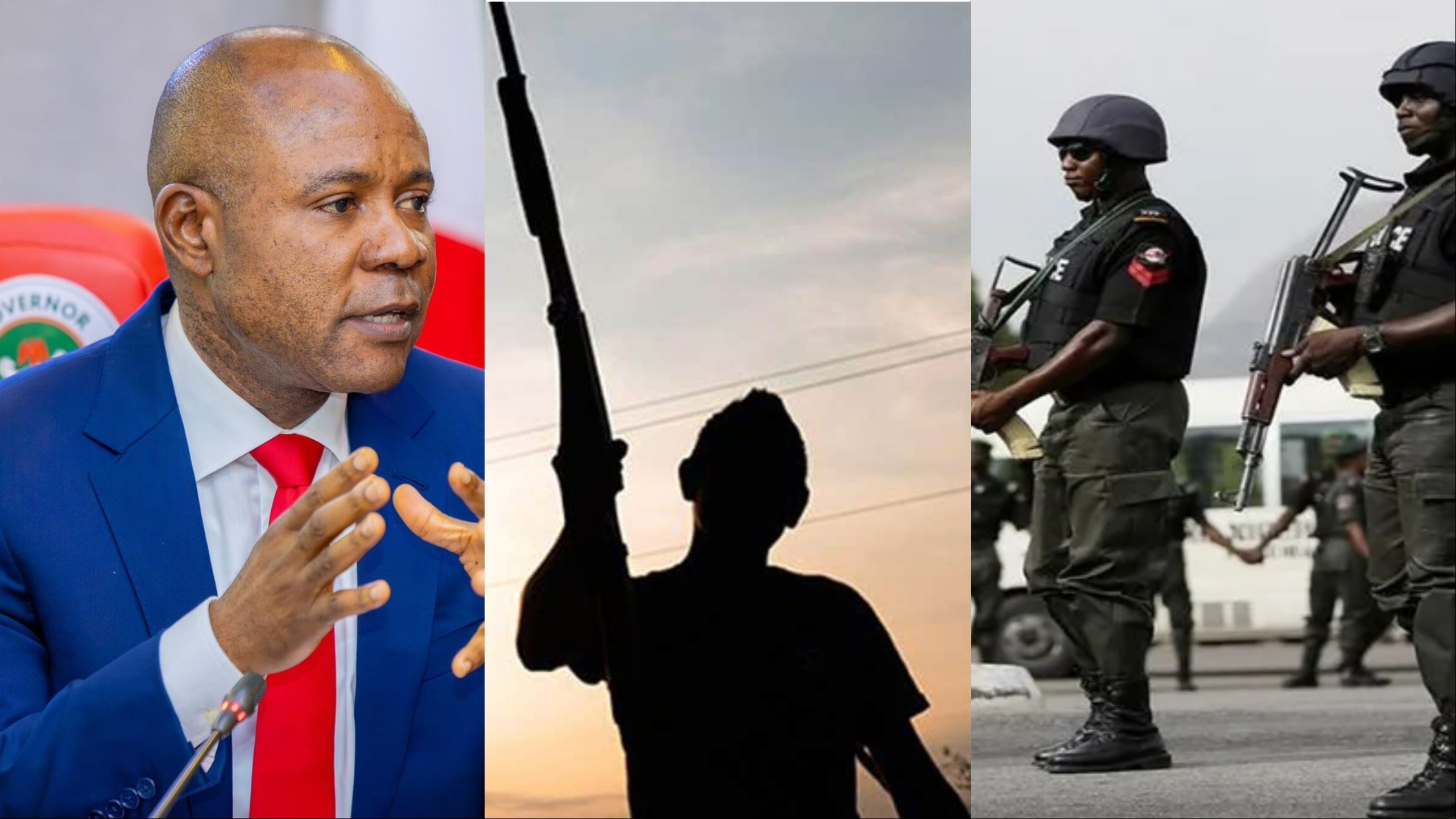 Photo collage of Peter Mbah, Gunmen and police operatives