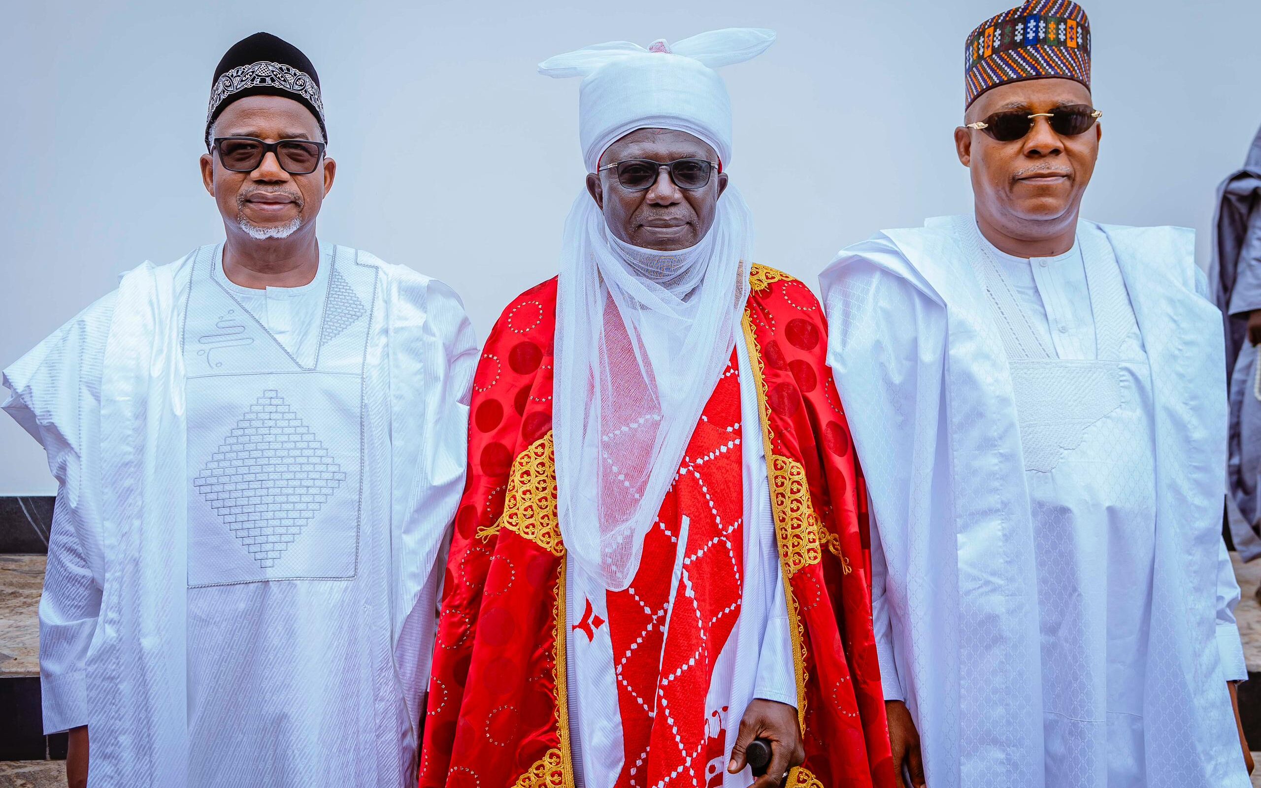 Governor of Bauchi State, Bala Mohammed, a traditional ruler and Vice President Kashim Shettima in a group photograph